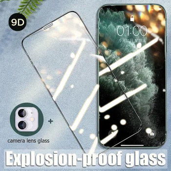 2 v 1, 9D Polno Kritje Protecive Stekla za iPhone 11 Pro Max 7 8 6 6s Plus Se Objektiv Kamere Zaščitnik Stekla za iPhone X XS Max XR