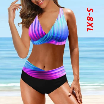 2021 Novo Plus Velikost 8XL Prugasta Bikini Komplet Push Up Ženske Visoko Pasu Plaži Kopalke Retro kopalke, Plavanje Obleko