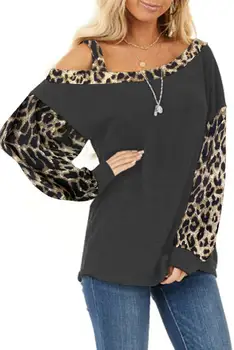 2021 Pozimi Bombaž Pomlad Ženske Velik Velik Plus Velikosti Leopard Mozaik Svoboden Priložnostne Vintage T Majice, Vrhovi Celoten Dolg Rokav