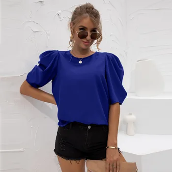2021 Ženske Kratke Puff Sleeve Solid Šifon Bluzo Poletje Nove Priložnostne Moda Urad Dama O Vratu Bluze Elegantno Ulične