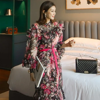 2021summer tiskanje Šifon obleko ruffle dolgo obleko bowknot nove korejske modne slim seksi slog stranke urada za ženske obleke