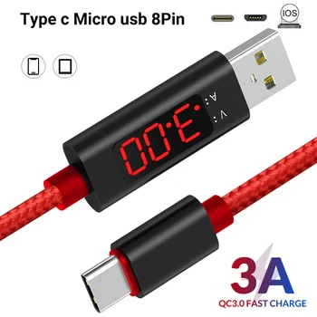 3A USB Hitro, Hitro Kabel za Polnjenje QC3.0 LCD Trenutno Napetost Prikaz Polnilnik, Kabel Žica Tipa C Micro USB 8Pin za iPhone Android