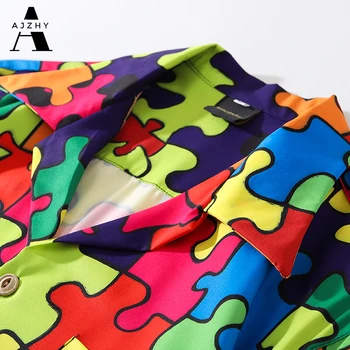 Barvita Puzzle Tiskanja Kratek Sleeve Majica Moški Poletni Plaži Hawaiian Majica za Moške Japonski Ulične Hip Hop Gumb Gor Majico