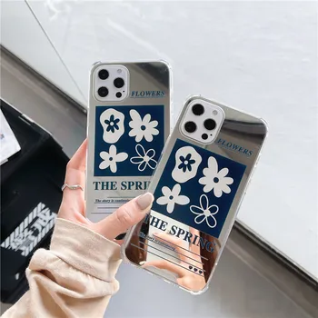 Cute Flower Illustration Phone Case for iPhone 12 mini 11 Pro Max X XR XS Max 7 8 Plus Makeup Mirror Soft Cover Protection Shell