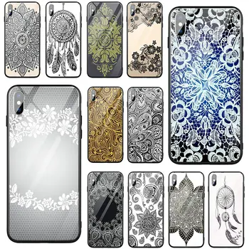 Cvetlični Čipke Mandala Primerih, Kaljeno Steklo Zaščitno Telefon Primerih Kritje za iphone X XR XS 11 12 Pro Max 6 7 8 Plus
