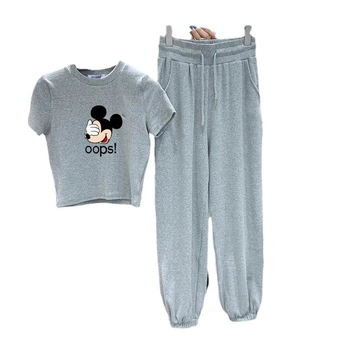 Disney Mickey Mouse T Shirt Sopihanje Obleke Nove 2021 Poletje Priložnostne Korejski Moda Risanka Tiskanja Znoj Obleke, Ženske Obleke, 2 Kos