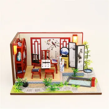 Diy Lutka hiša Miniaturni Ročno izdelane Lutke Lutka Hiša Pohištvo Puzzle Sestavite 3D Miniaturas Model Igrače Za Otroke Darilo S921