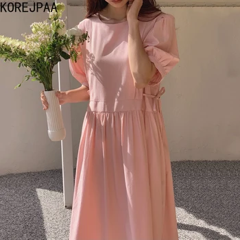 Korejpaa Ženske obleke 2021 Poletje korejski Chic Dekle Sladko Starosti,-zmanjšanje Krog Vratu Strani Čipke-Up Pasu Puff Rokav Naguban Vestidos