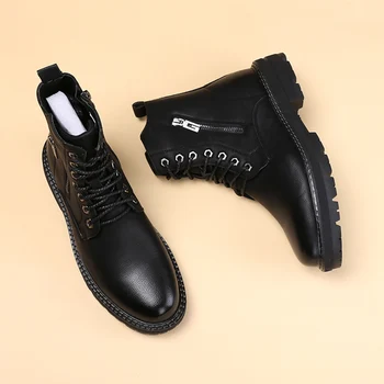 Korejski slog mens moda kavbojski škornji črni pravega usnja čevlji pomlad jesen platformo boot trend gleženj botas chaussure homme