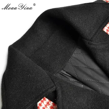 MoaaYina Modni Oblikovalec Volnene tkanine Suknji Zimske Ženske Dolg rokav Dvojno zapenjanje čipke-up Houndstooth Suknji