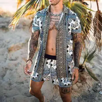Moda Hawaiian Določa Človek Tiskanje Kratek Rokav Gumb Majica Plaža Hlače 2021 Poletne Ulične Priložnostne Plaži Shirt Nastavite Moških 2Pcs