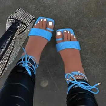 Moda Za Ženske Sandale Copate Okoli Gleženj Trak Stanovanj Vezalke Kvadratni Toe Dame Čevlji Nov Prihod