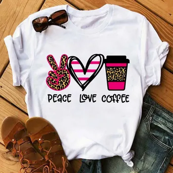 Modna Majica s kratkimi rokavi Ženske Vrhovi Tshirt Leopard Mir, Ljubezen Kave Ulične Priložnostne O-vratu T-shirt Poletje Ženski Tee Majice