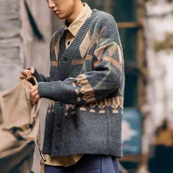 Moški Jopico Jeseni Moški Outwear Moški Puloverji Proti-vrat Argyle Retro Japonski Trendy Vse-tekmo Priložnostne Prijetno Ulzzang Preppy Stil Ins