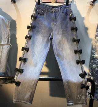 Nove Strani Diamond Lok Visoko Pasu Stretch Jeans Ženska 2021 Pomlad Poletje Evropski Stil Vasi Modra Traper Hlače Ženske Oblačila