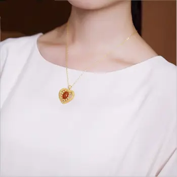 Novo srebro vdelan votlih v obliki srca obesek ogrlica Kitajski retro slogu edinstveno stari zlato craft ženske blagovne znamke nakit