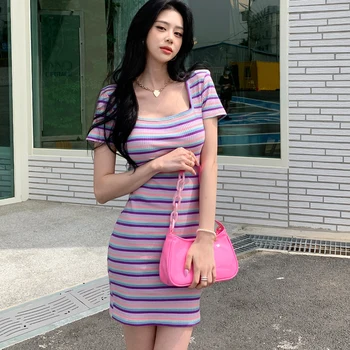 Poletje pletenje obleko kvadratnih vratu kratek rokav zaviti zadnjico nove korejske modne seksi stranke urada za ženske temperament obleke