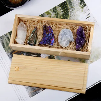 Runyangshi 5pcs/set Naravne crystal grozdov Prvotne točke mineralov je ametist gruče Zbiranje woodenbox darila za Dom dekoracija