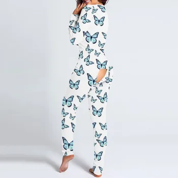 Seksi Žensk Metulja Print Jumpsuit Funkcionalne Buttoned Zavihek Odraslih Pižame z Dolgimi Rokavi Gumb navzdol Playsuit Votlih Iz oblačil