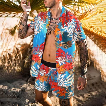 Tiskanje Nacionalni Slog Hawaiian Mens Kratek Rokav Nastavite Poletje Priložnostne Cvetlični Majica Plaži Dva Kosa Obleko 2021 Nov Modni Moški Kompleti