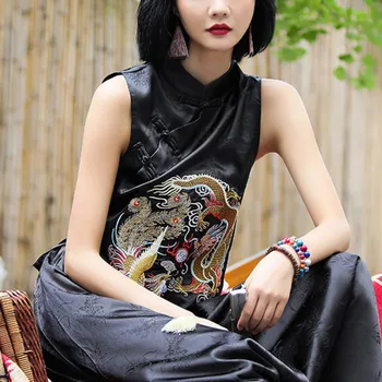 Tradicionalni Etnični Plus Velikost Gilet Oblačila Retro Kitajski Stil Sodobne Ženske, Telovnik, Suknjič Black Orientalski Priložnostne Tang Bo Ustrezala Vrh Ropa