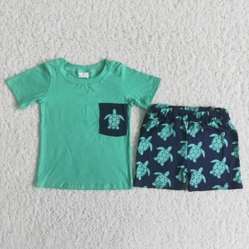 Trgovini Baby Boy Poletnih Oblačil, Zelena Kratek Rokav Pocket Majica Morska Želva Hlače Otroci, Majhni Otroci Nastavite Moda Obleko