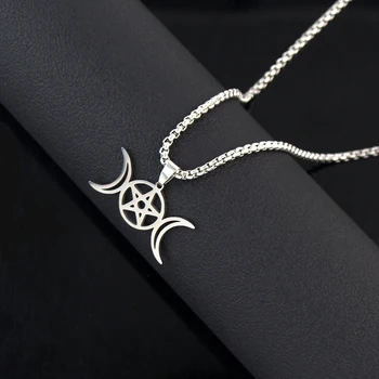 Triple Moon Boginja Obesek Za Ženske, Moške Wicca Pentagram Čarobno Nadnaravno Amulet Ogrlice Iz Nerjavečega Jekla Nakit