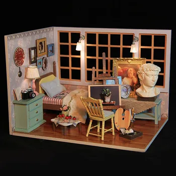 Ustvarjalne DIY Lutka Hiša Najboljših Časih Mini Ročno izdelan 3D Lesene Barve Soba z LED Luči Skupščine Miniature Pohištvo Kompleti Igrače