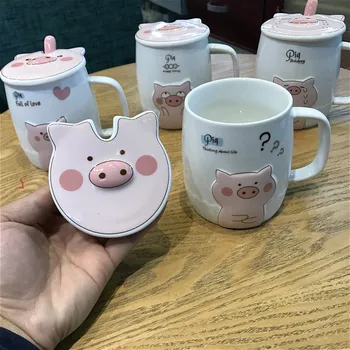 Ustvarjalne prašičev Vrč roza dekle srce risanka keramične skodelice otrok, učencev z žlico mleka, skodelico kave