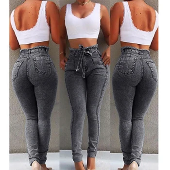 Visoka Vitka Jeans Za Ženske Novo Bombaž Slim-Fit Stretch Čipke-Up Jeans Tesen Vgradnjo Moda Resast, Hlače Z Majhnimi Nogami