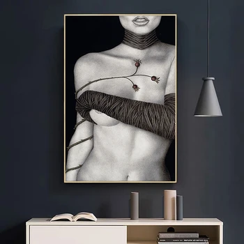 Črno-Bela Slika Plakatov in Fotografij Sexy Gola Punca z Rožo Platno Slikarstvo Abstraktna Umetnost Stenske Slike za dnevno Sobo