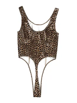 Ženske enodelne Leopard Tiskanja Obleka, Lakasto Usnje Catsuit brez Rokavov Visoko Izreži Tangice Tesen Romper Jumpsuit Kopalke, Kopalke