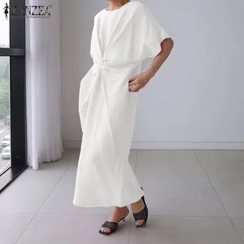 Ženske Poletne Sundress 2021 ZANZEA Moda Asimetrični Obleko Priložnostne Kratek Rokav Midi Vestidos O Ženski Vratu Robe
