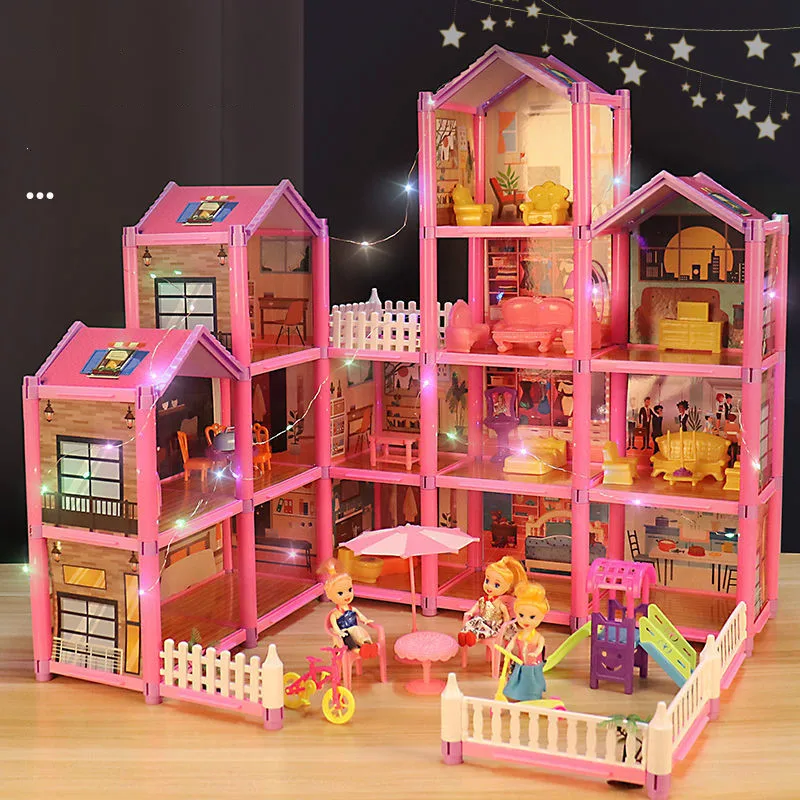 Princesa Velika Vila DIY Dollhouses Roza Grad Igrajo Hiša Z Potisnite Dvorišče Komplet Sestavljen Lutka Hiša Igrače za Dekleta Otroke Darila