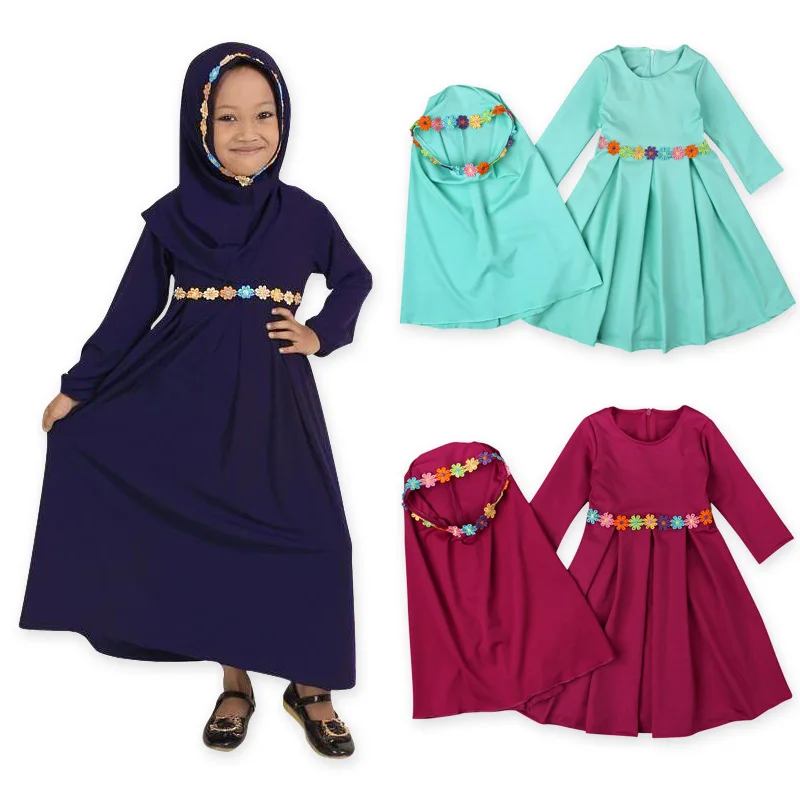 1-6T Otroci Obleko, Hidžab Določa Muslimanska Dekleta Abaya Headscarf Eid Otrok Dveh Kosov Obleke Islamske Ramadana Molitev tam kaftan Jilbab