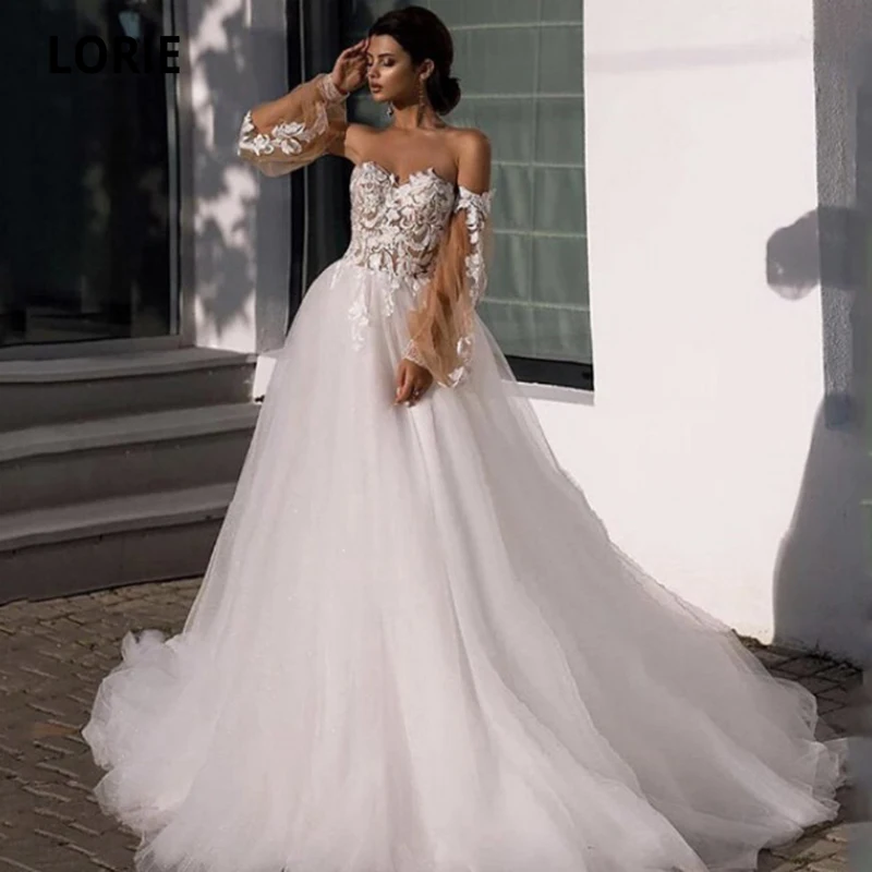 LORIE Boho Poročno Obleko s Posebej Dolgimi Rokavi Ljubica Appliques Čipke Til Princess Poroka Obleke Poročne obleke 2021