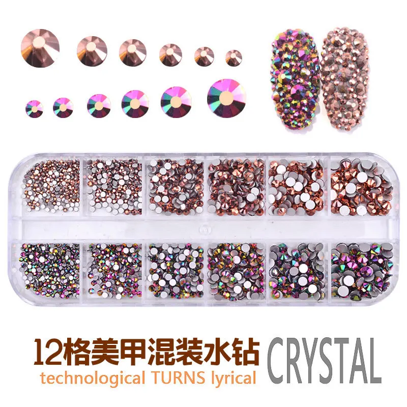 12 Škatel / Set AB Kristalno Nosorogovo Diamond Gem 3D Bleščice Bleščečih Barv Nail Art Okras Lepa Dekleta