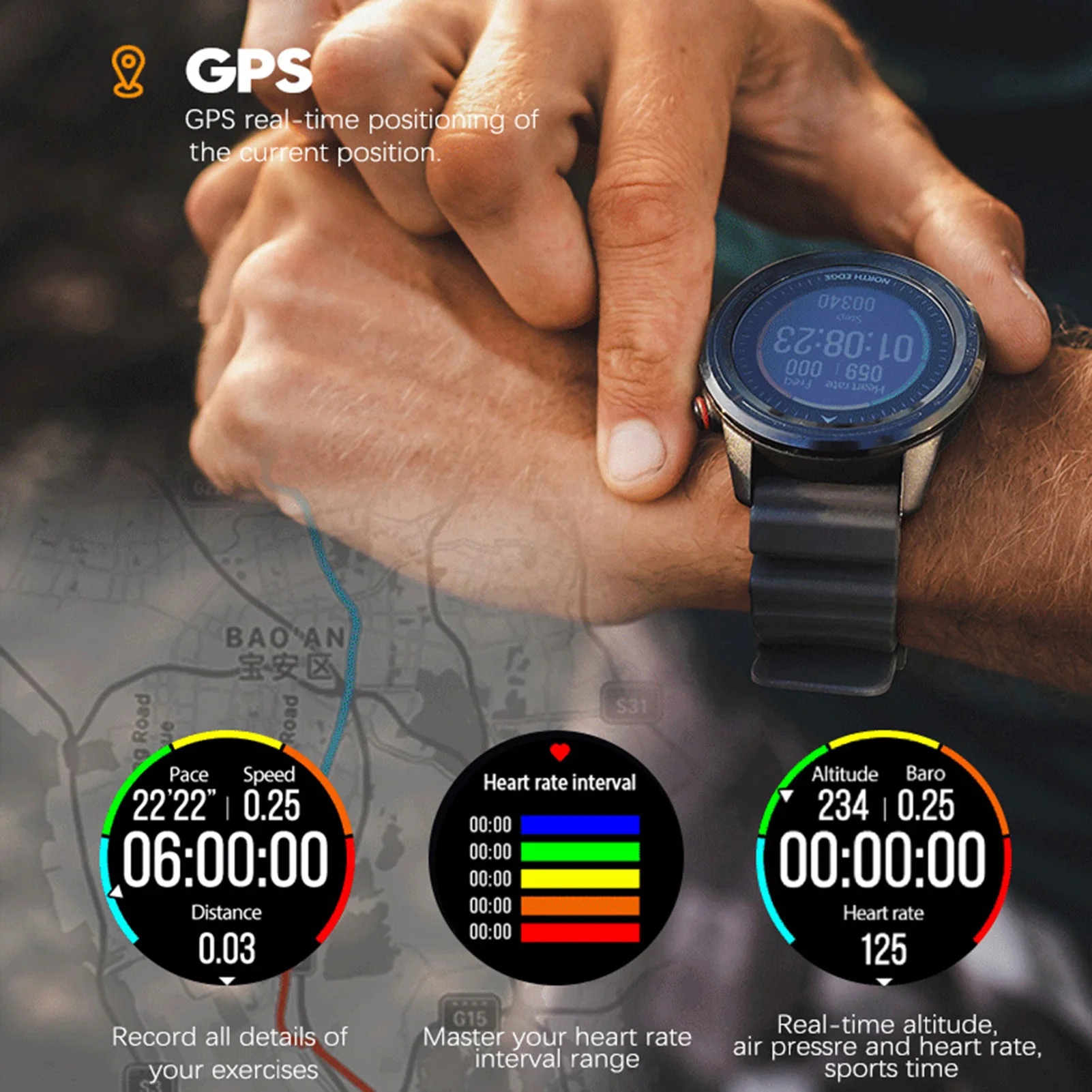 GPS na Prostem Pametno Šport 50 M Globine Nepremočljiva Pazi, Nadmorsko višino, Zračni Tlak, Kompas Temperatura Bluetooth Srčni utrip Potapljanje Watch