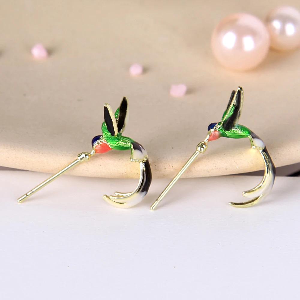 2PCS/Par, ki plujejo pod hummingbird slikarstvo Kaplja olje uhani, modni živali nakit srčkan ženski uhani Stranka Nakit Uhani