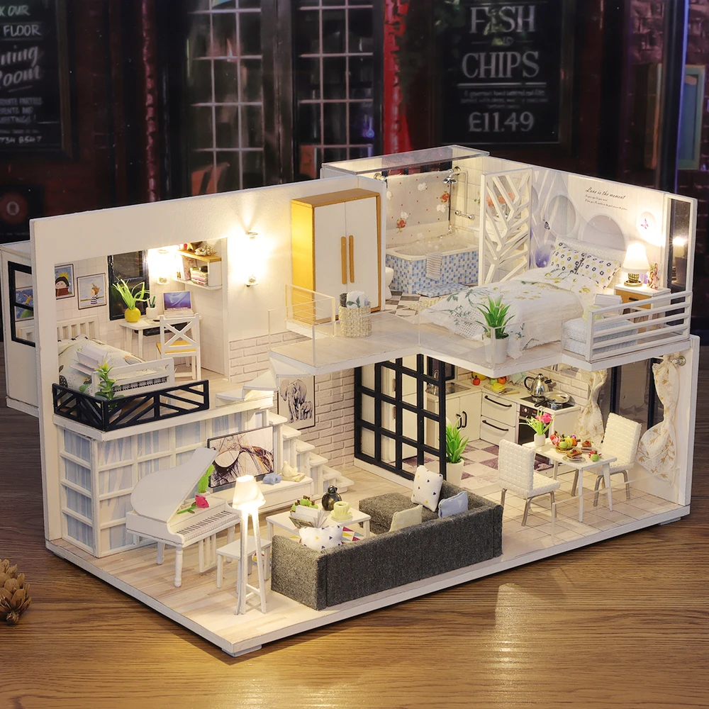 Cutebee DIY Lutke komplet Lesena Lutka Hiše Miniaturni Lutke Pohištvo Komplet Z LED Igrače za Otroke, Darilo za Rojstni dan Pokrov