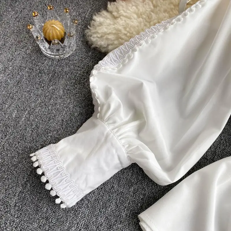 Dva Kosa Nastavite Elegantno žensko Obleko Bele Puff Rokav Votlih Bluzo Vrhovi Natisnjeni Visok Pas Širok Noge Hlače Ženskih Modnih Oblačil