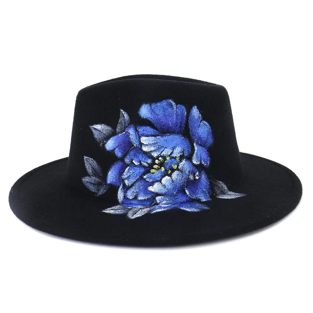Fedoras za ženske chapeau femme klobuk jazz klobuk počutil klobuk ročno poslikane hatfashion fedora klobuk, kapa črna široko roba pokrivalo zahodni skp