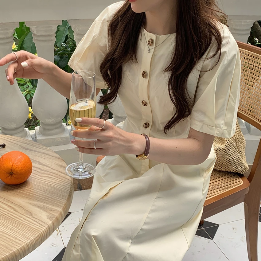 Južna Koreja Chic2021 Elegantna Gumb Design Sladek Občutek Starosti,-zmanjšanje Temperament Krog Vratu Mid-dolžina Visoko-pas Obleka Ženske