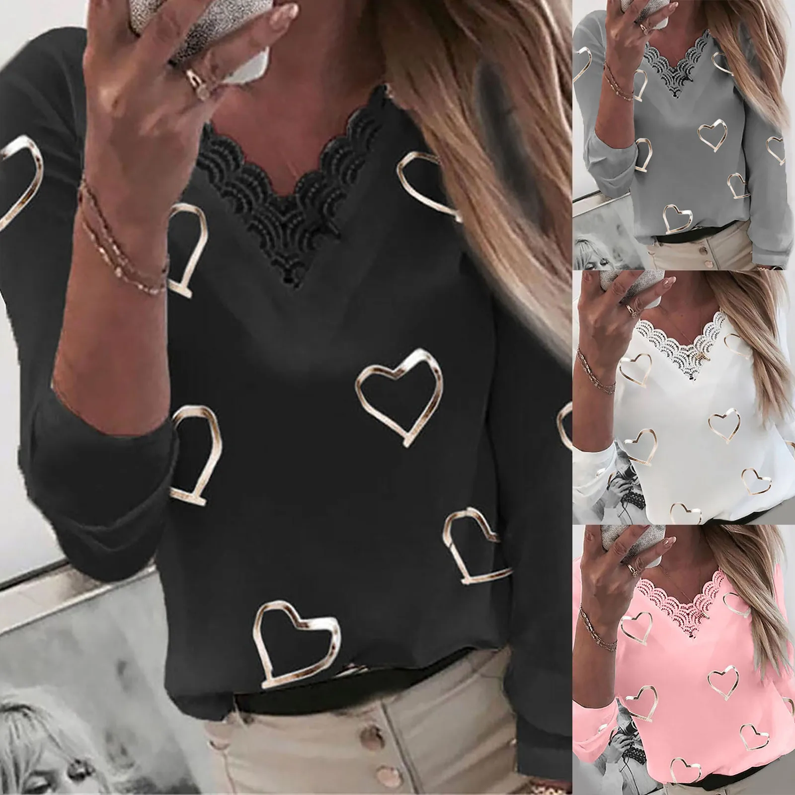 2021 Pomlad Geometrijske Srce Tiskanih Bluzo Majica Priložnostne V-Izrez Dolg Rokav Bluze Jeseni Čipke Mozaik Ženske Vrhovi Puloverju