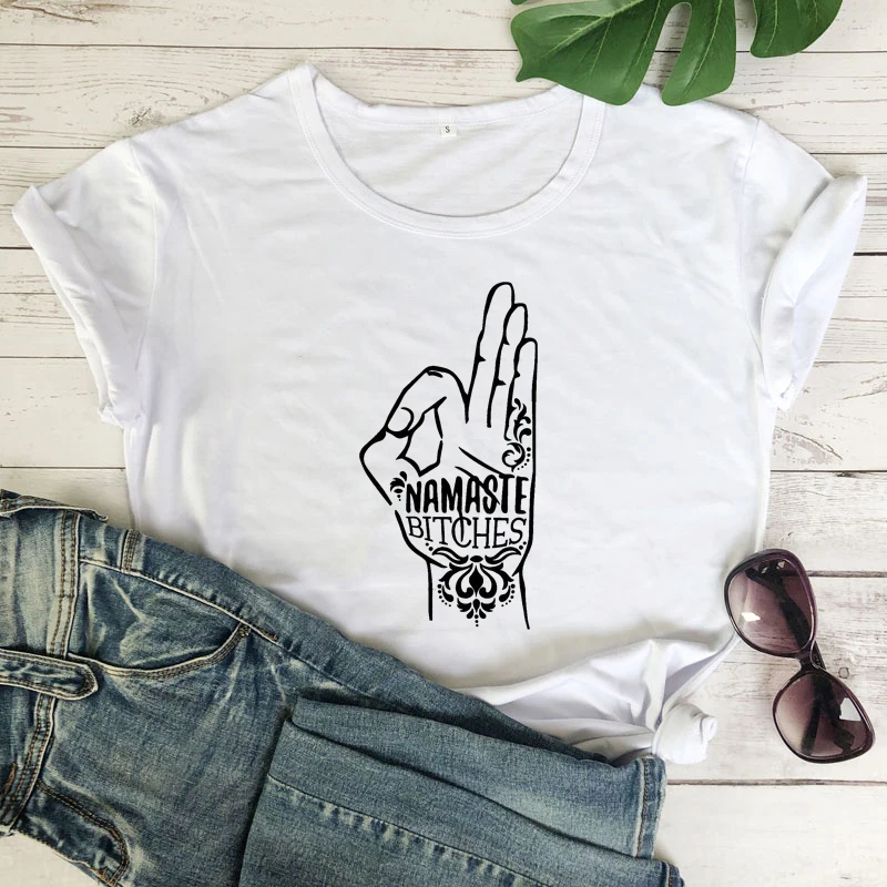 Namaste Palm T-shirt Estetske 90. letih Meditacije Grafični Rumena Vrh Tee Shirt Smešno Ženske Kratek Rokav Telovadba Joga Tshirt