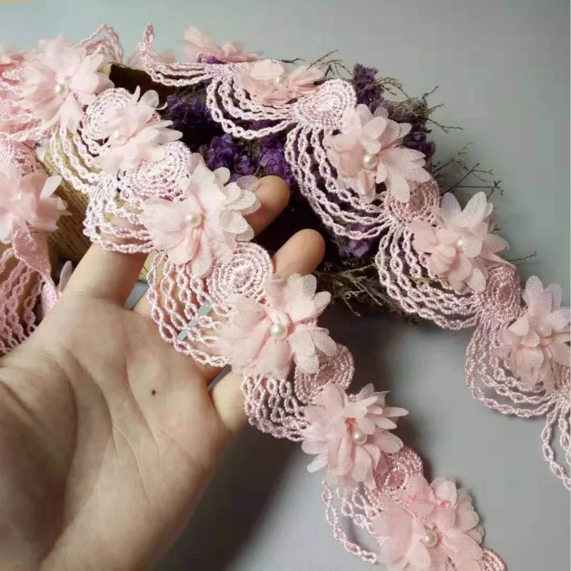 10X Roza Pearl Šifon Cvet Vezene Čipke Trim Trakom Floral Aplicirano Tkanina Ročno izdelan DIY Poročno Obleko Šivanje Obrti