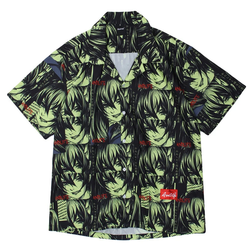 Harajuku Oversize Risanka potiskanih Majic Bluzo Moških Kratek Rokav srajce 2021Summer Hawaiian Počitnice Plaže Vrh Unisex HipHop Moški
