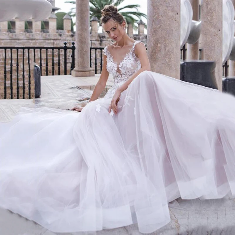 MNGRL Poročne Obleke Proti-vrat brez Rokavov Bele Čipke Poročni Obleki 3D Cvet Plus Velikost Rep Košat Krilo Poročno Obleko