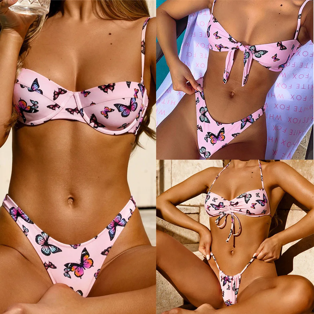 Seksi Ženske Kopalke Bikini Push Up Brazilski Bikini Kopalke Ženske Kopalke Roza Metulja Print Dva Kosa Viquinis Mujer