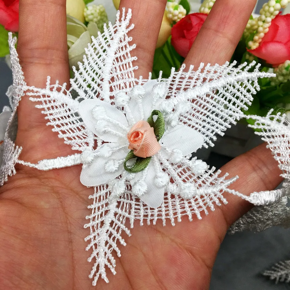 1 dvorišče Bela 3D Rose Cvet Maple Leaf Vezene Čipke Trim Traku francoski Tkanine Aplicirano Poroko Šivanje Obrti Kostum Za Klobuk